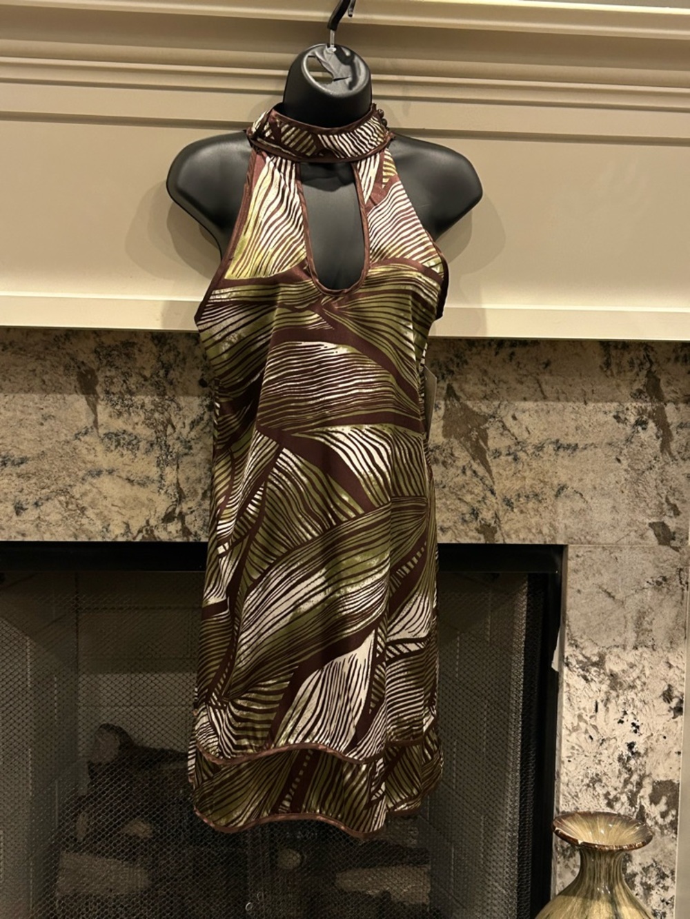 1)NWT Olive, Brown & Cream 2)Cream Lace w Copper Shell Sleeveless Mini Dresses